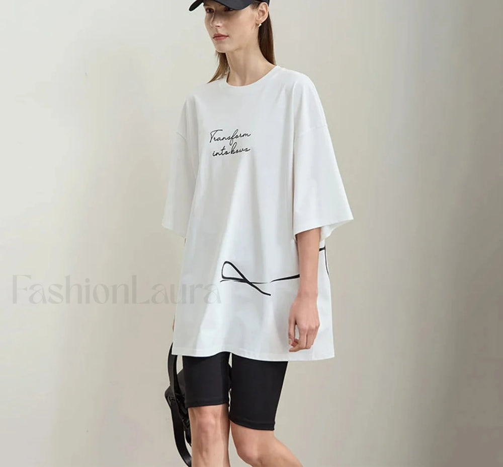 Bowknot Print Loose T Shirt White / One Size