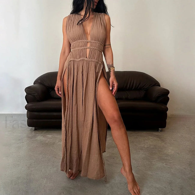 Braided Rope Off Shoulder Boho Dress Dark Brown / One Size Main image