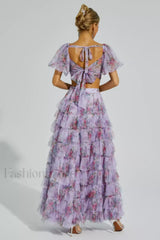 Braylee Purple Stylish Floral Ruched Set