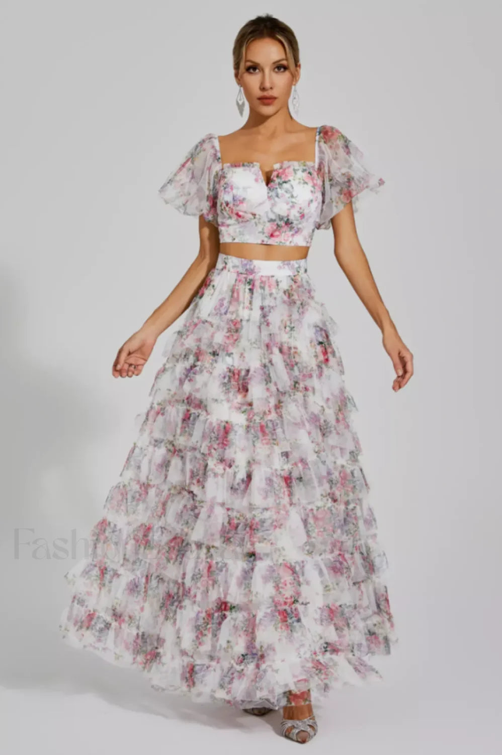 Braylee Purple Stylish Floral Ruched Set S / White