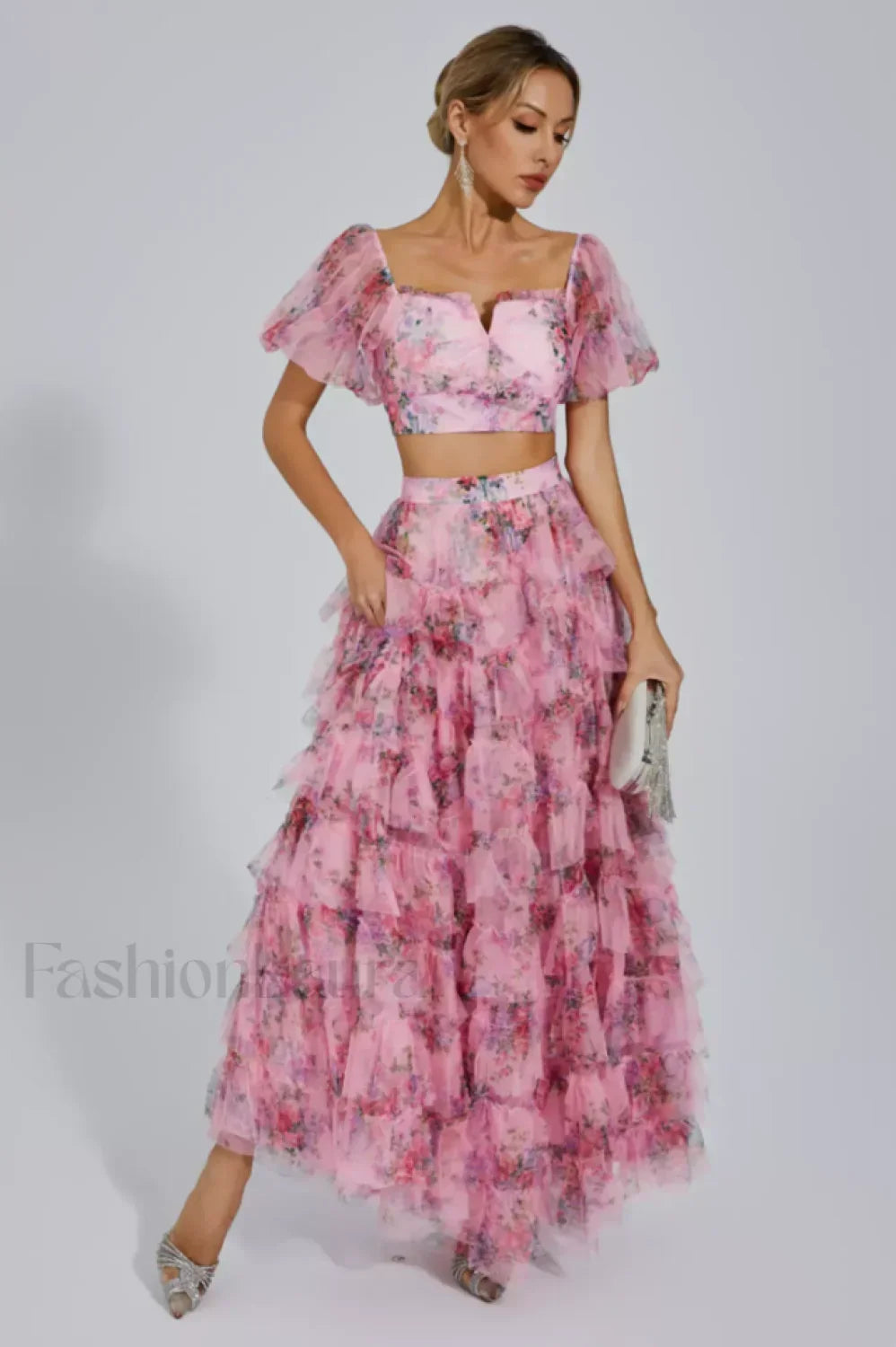 Braylee Purple Stylish Floral Ruched Set