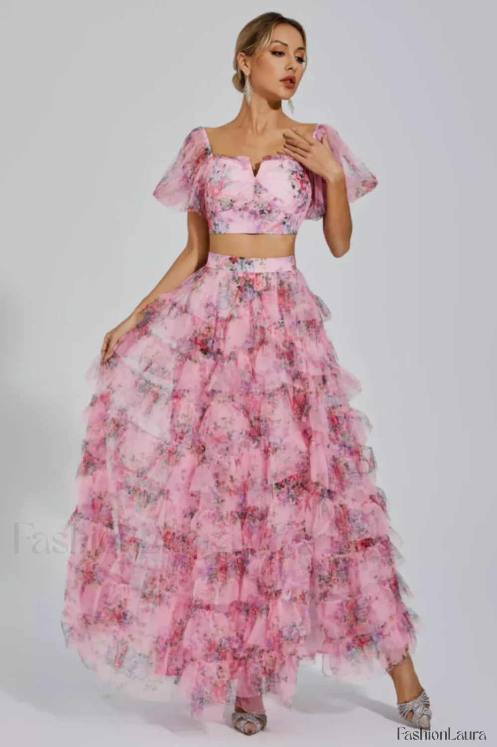 Braylee Purple Stylish Floral Ruched Set