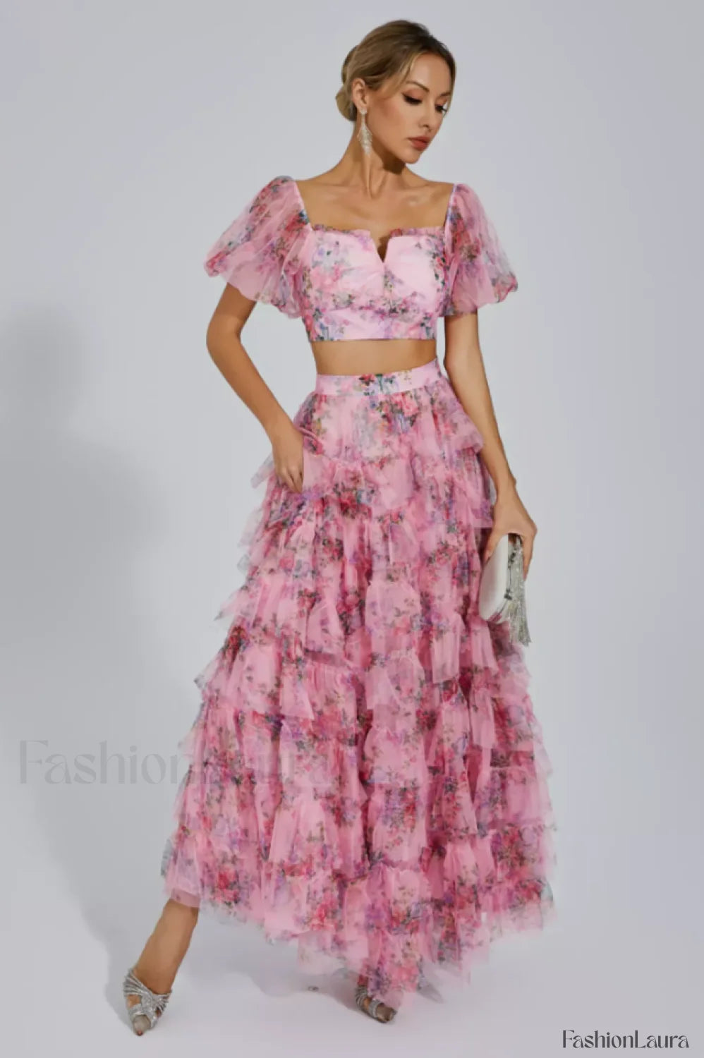 Braylee Purple Stylish Floral Ruched Set