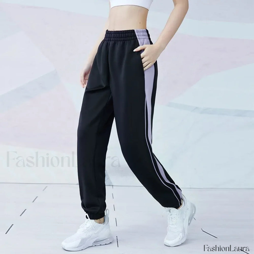 Breathable Quick Dry Pocket Jogging Sweatpants Black with purple / S