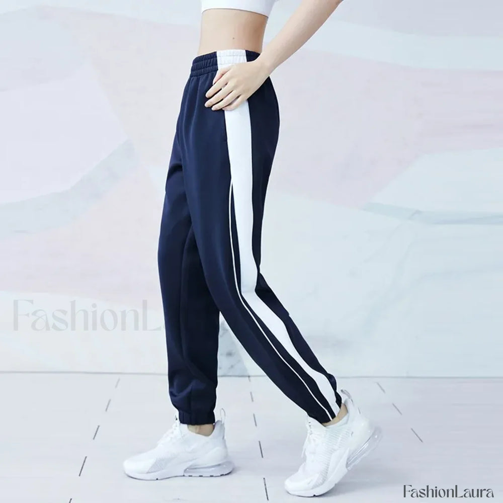 Breathable Quick Dry Pocket Jogging Sweatpants Dark blue with white / S