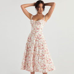 Breezy Floral Printed Lace Up Back Tie String Slit Midi Sundress Pink S / Pink Sun Dresses