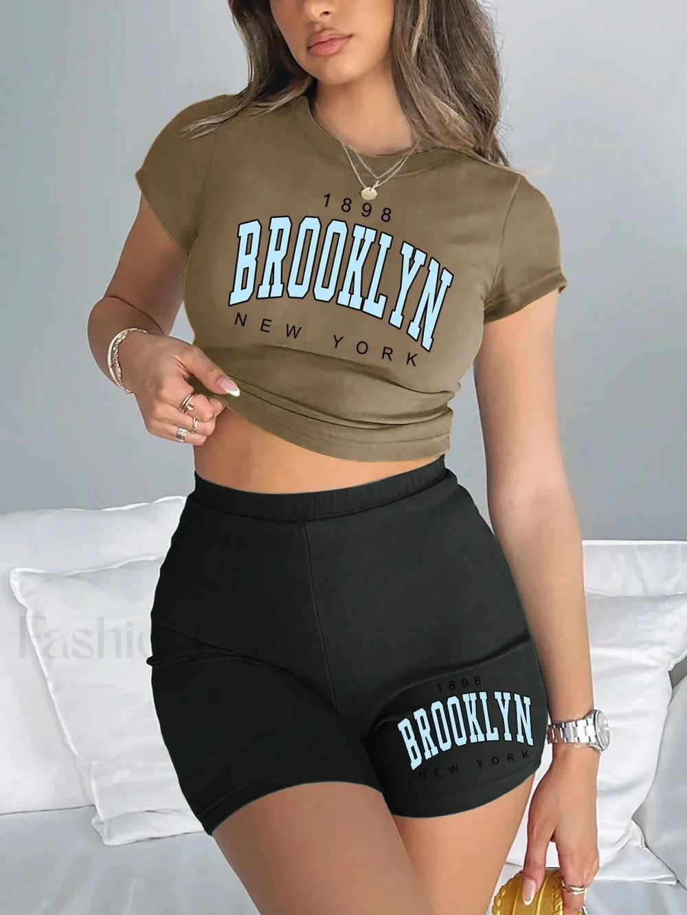 Brooklyn New York Print Slim Crop T Shirt & Pants Brown Black / S