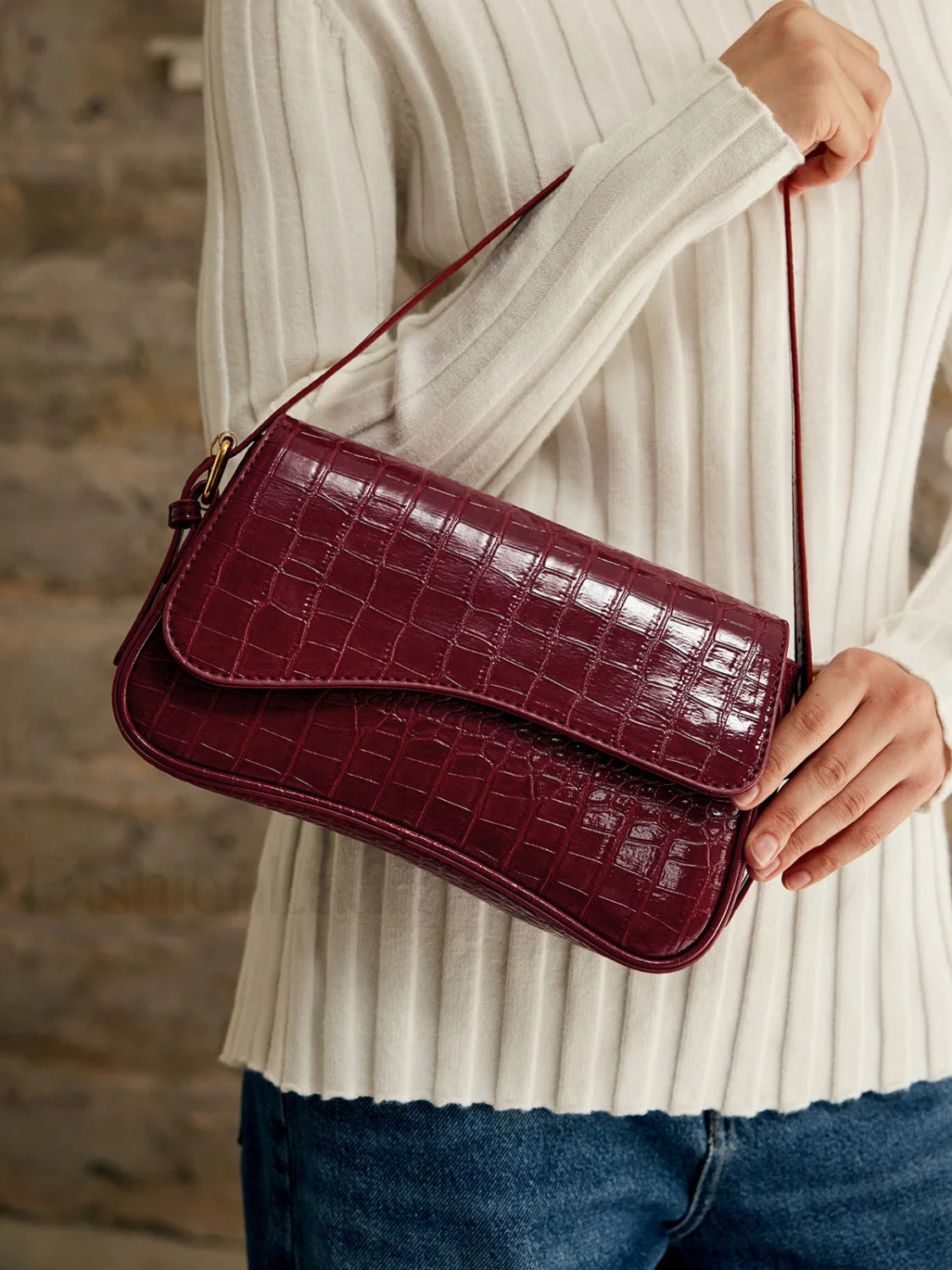 Buckle Checkered Small Armpit Bag Burgundy / One Size Bag