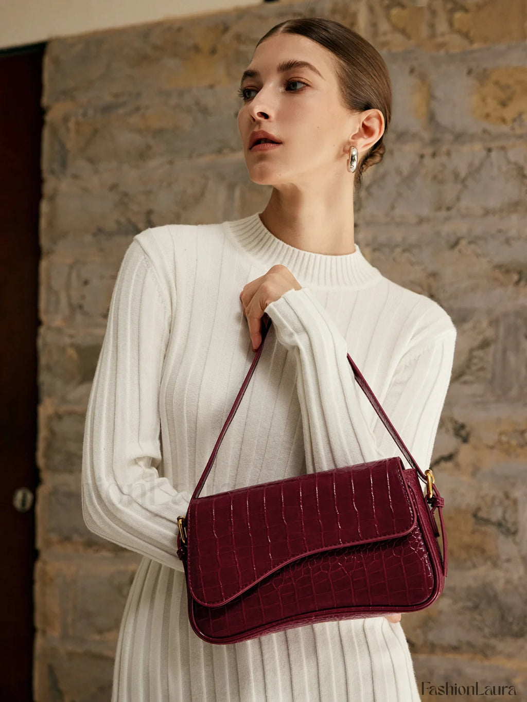 Buckle Checkered Small Armpit Bag Burgundy / One Size Bag