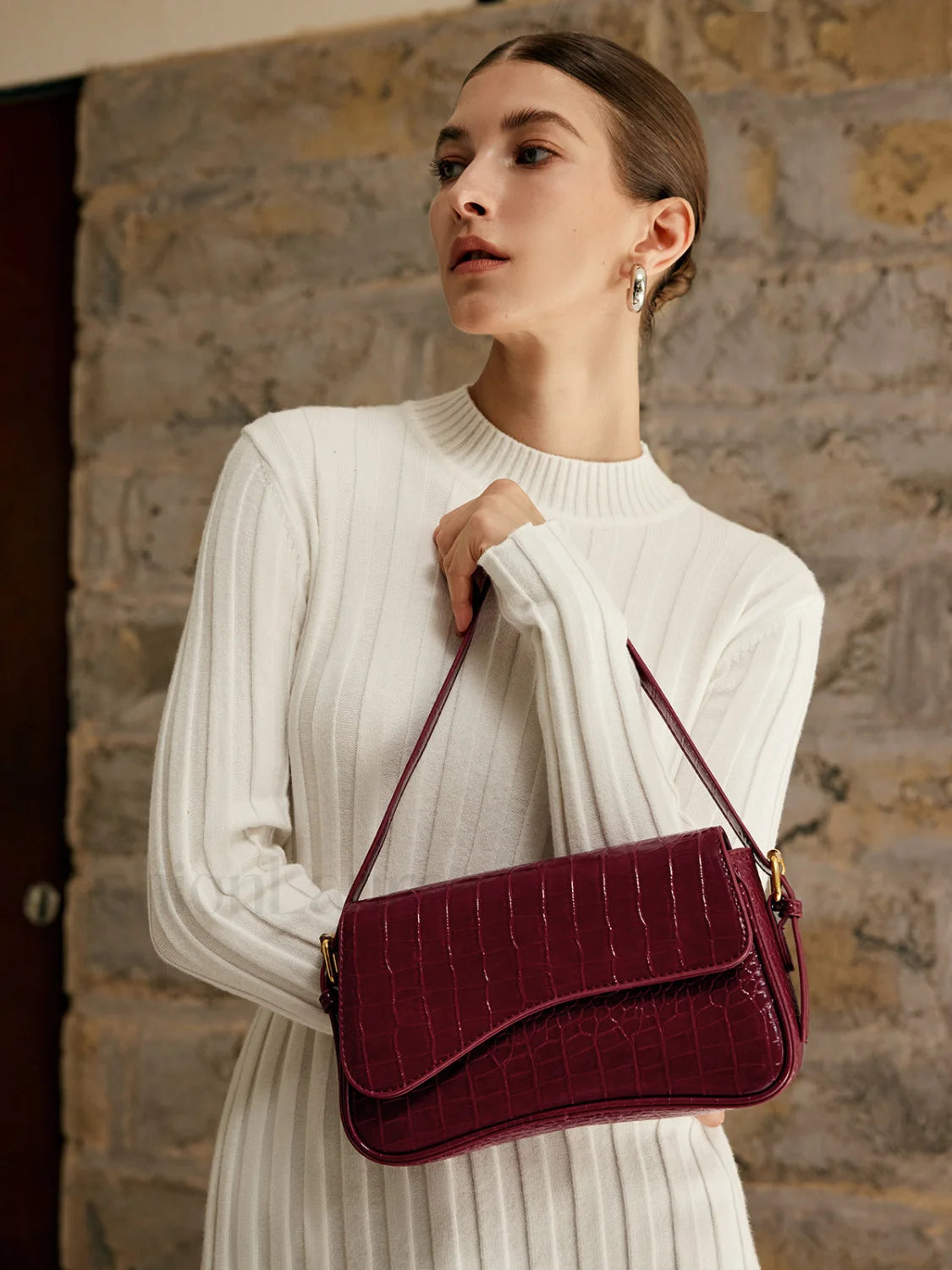 Buckle Checkered Small Armpit Bag Burgundy / One Size Bag