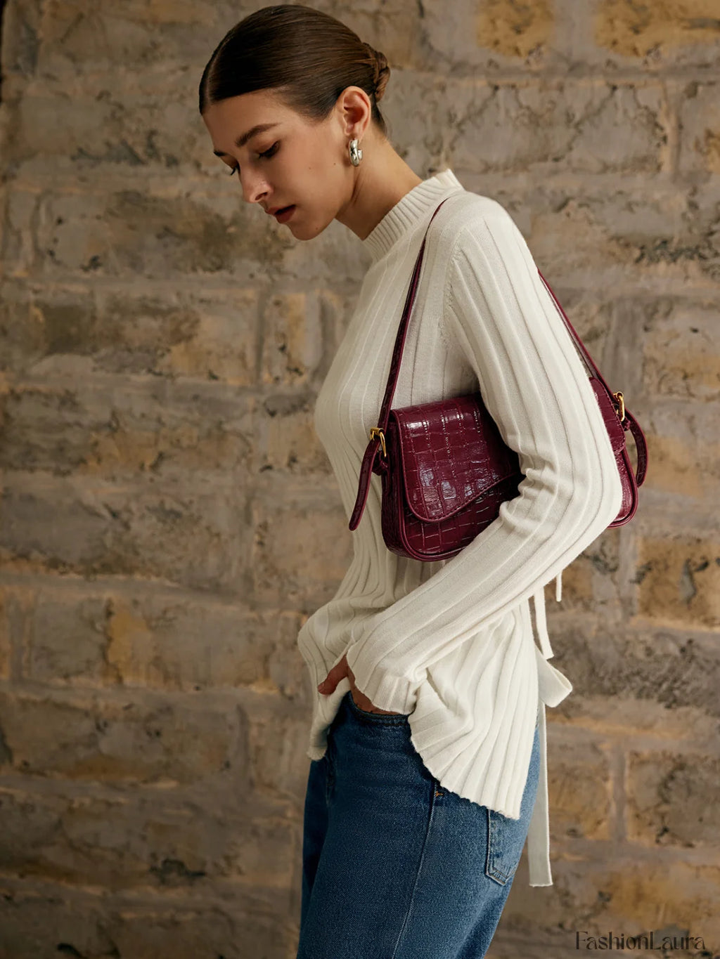 Buckle Checkered Small Armpit Bag Burgundy / One Size Bag