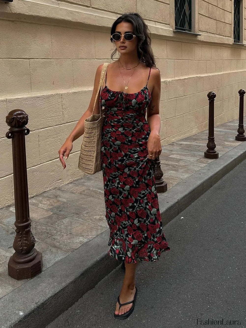Bulgarian Roses Floral Cami Long Dress Black / XS Dresses