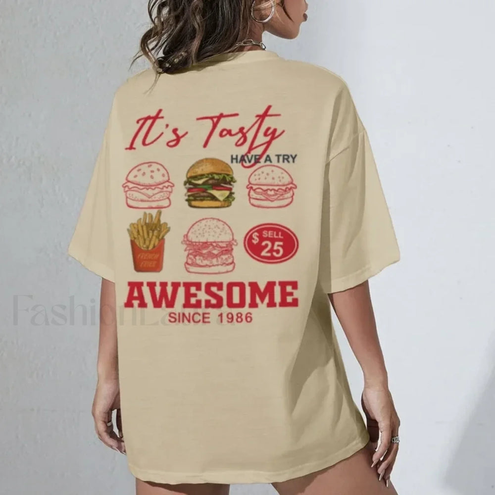 Burgers Chips Back Print Retro Foodie T Shirt Khaki / S