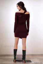 Burgundy Off Shoulder Knot Long Sleeve Bodycon Work Dress