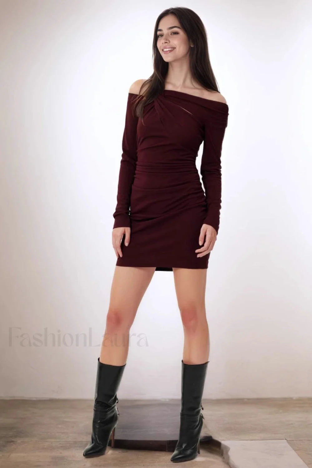 Burgundy Off Shoulder Knot Long Sleeve Bodycon Work Dress Burgundy / S Main image