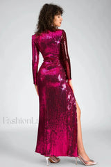 Burgundy Ruched Stylish Sequined Maxi Dress