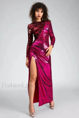 Burgundy Ruched Stylish Sequined Maxi Dress