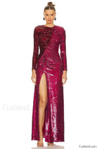 Burgundy Ruched Stylish Sequined Maxi Dress