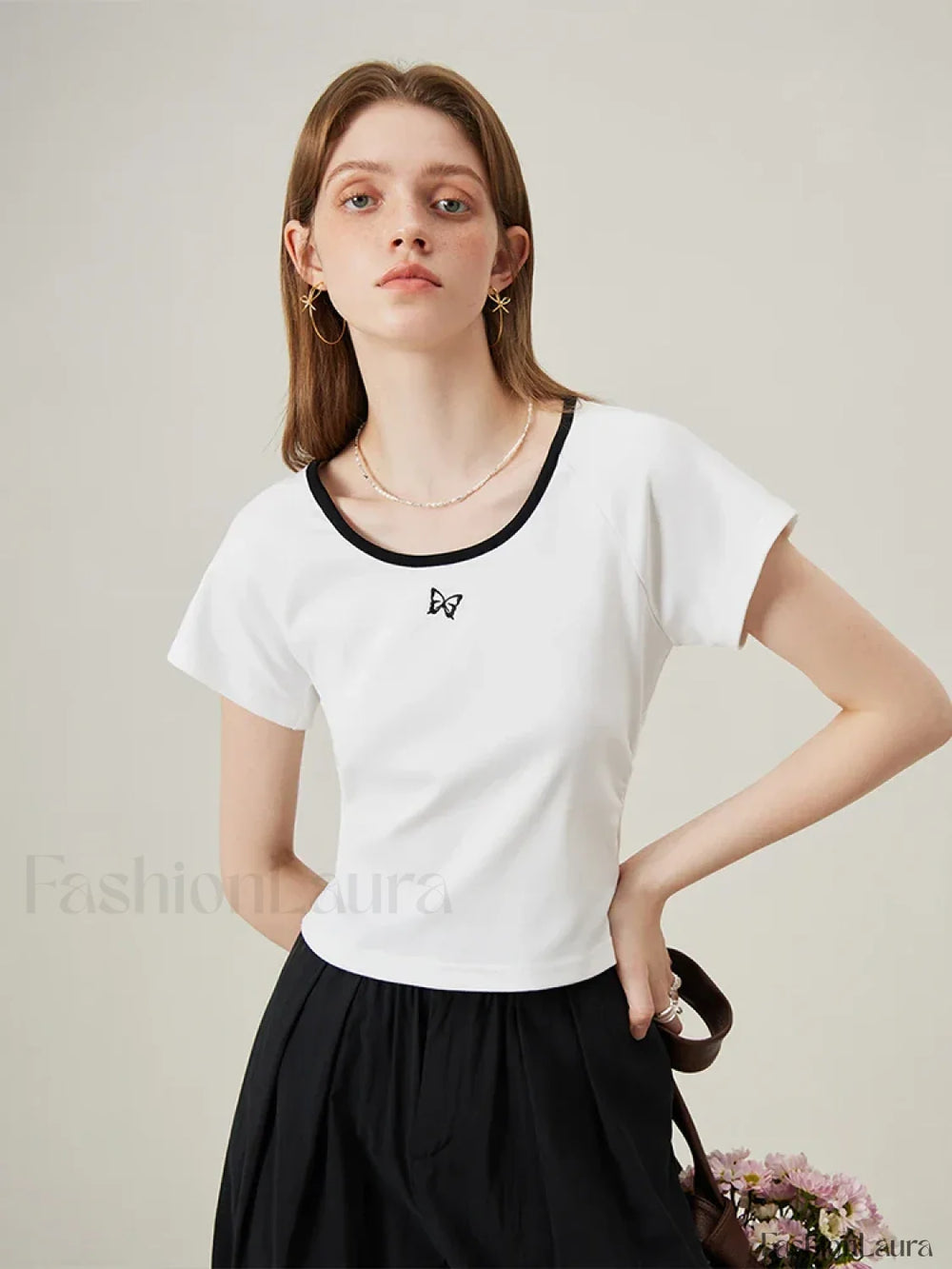 Butterfly Embroidered Raglan Sleeve T Shirt White / XS