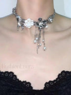 Butterfly Love Pearl Tassel Sweet Cool Necklace SILVER