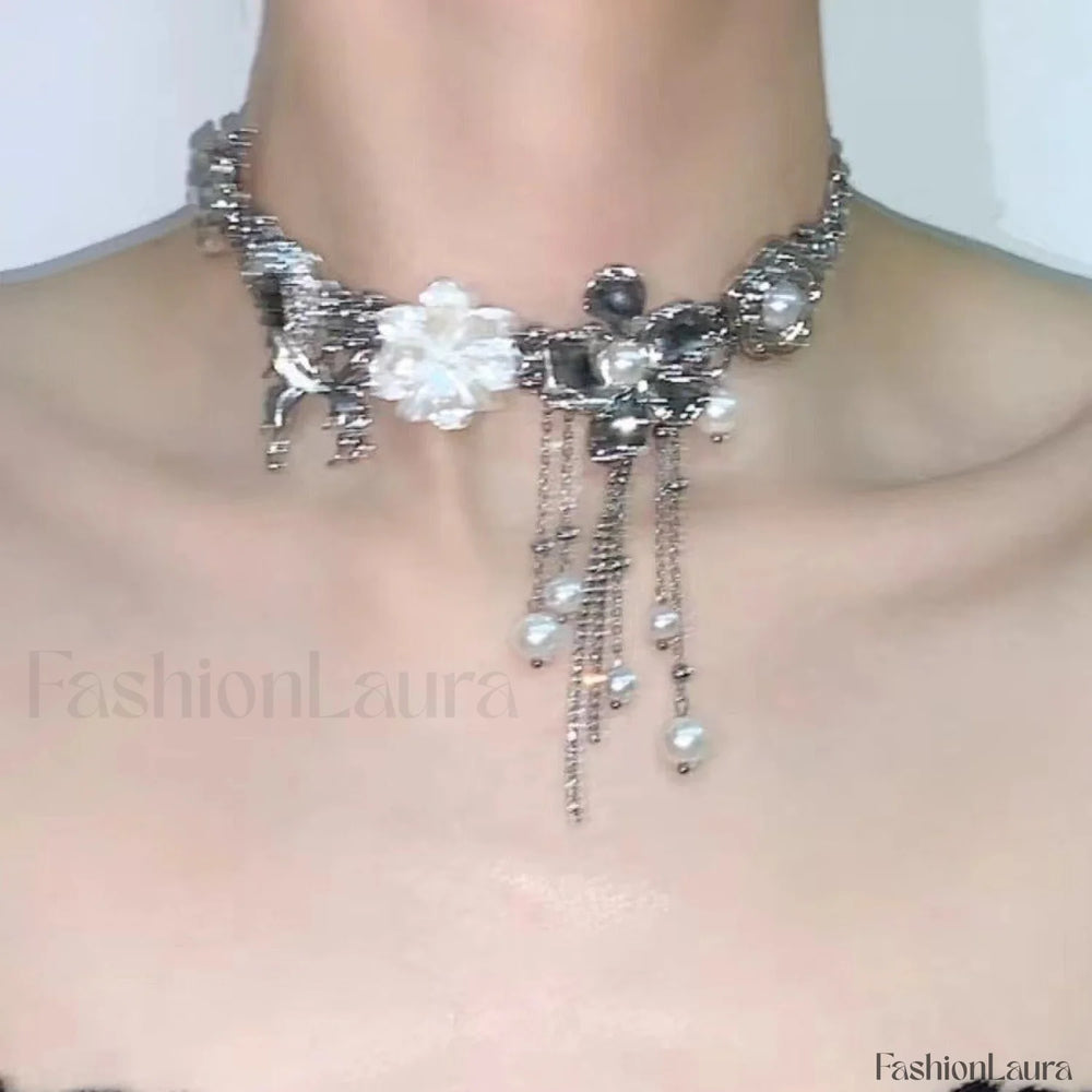 Butterfly Love Pearl Tassel Sweet Cool Necklace SILVER