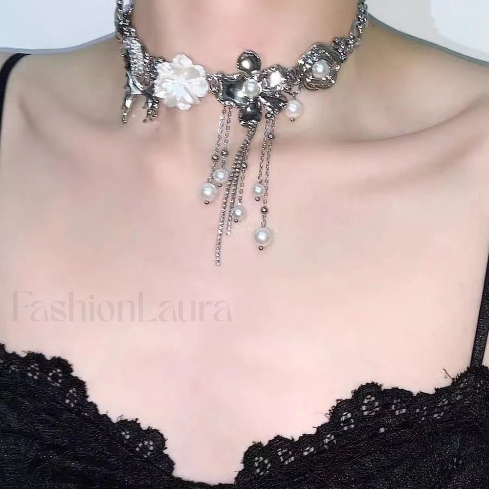 Butterfly Love Pearl Tassel Sweet Cool Necklace SILVER