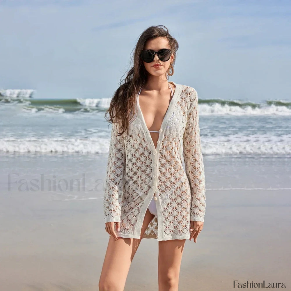 Butterfly Tassel Crochet Cover Up Beige Dress / S
