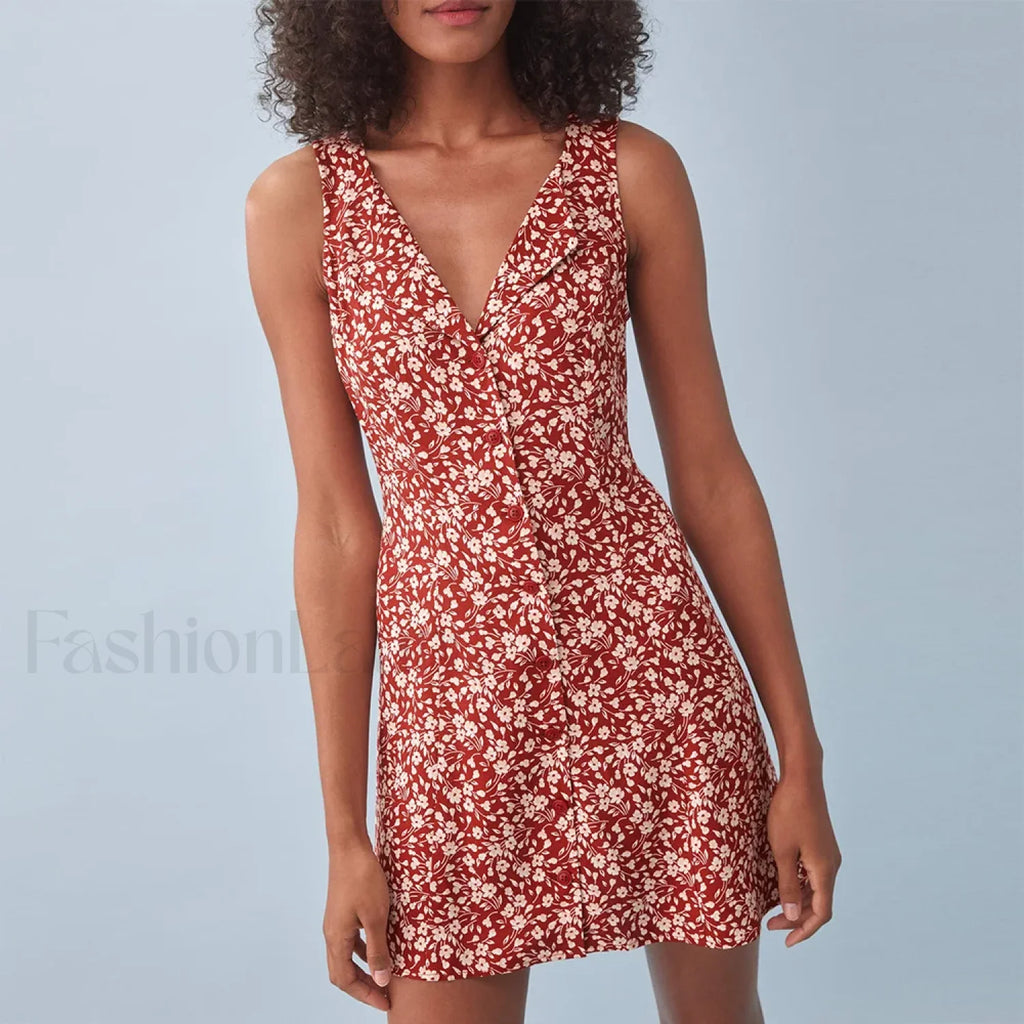 Button Back V Neck Floral Dress