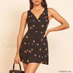 Button Back V Neck Floral Dress black / S