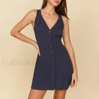 Button Back V Neck Floral Dress navy / S