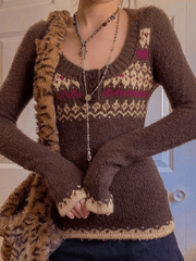 Button Front Jacquard Knitted Sweater Brown / S Sweaters