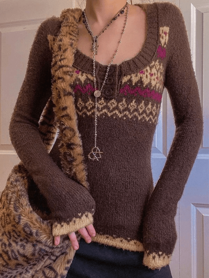 Button Front Jacquard Knitted Sweater Sweaters