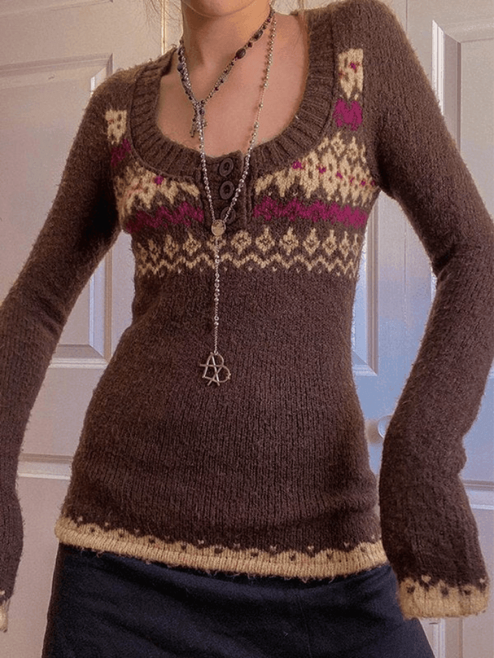 Button Front Jacquard Knitted Sweater Sweaters