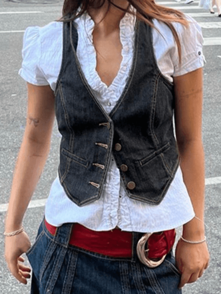 Buttoned Denim Y2K Corset Top Black / S Tops&Tees