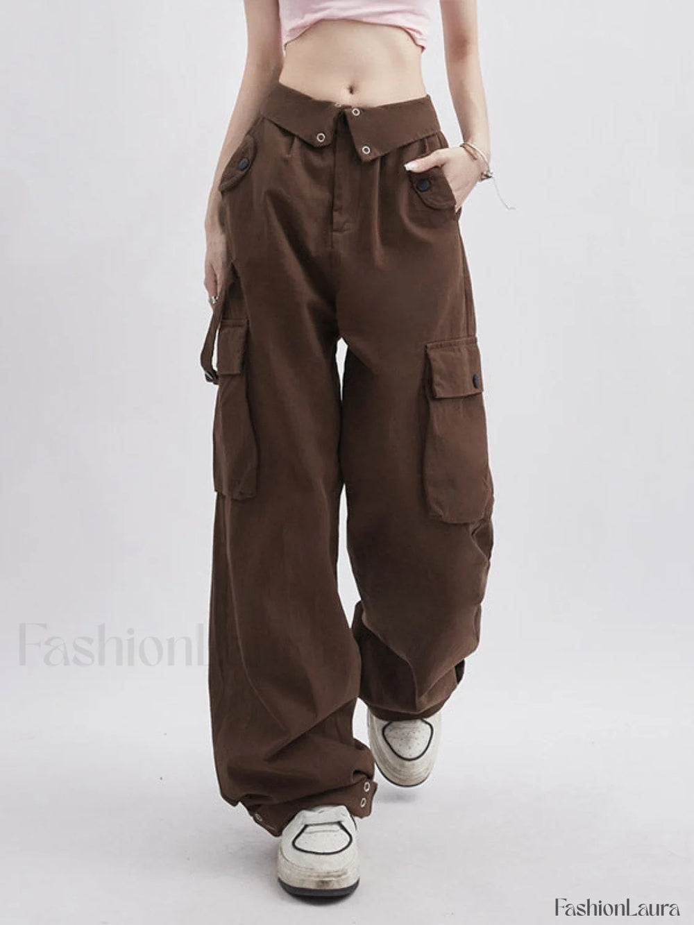 Buttoned High Waisted Cargo Pants Brown / S Cargo Pants
