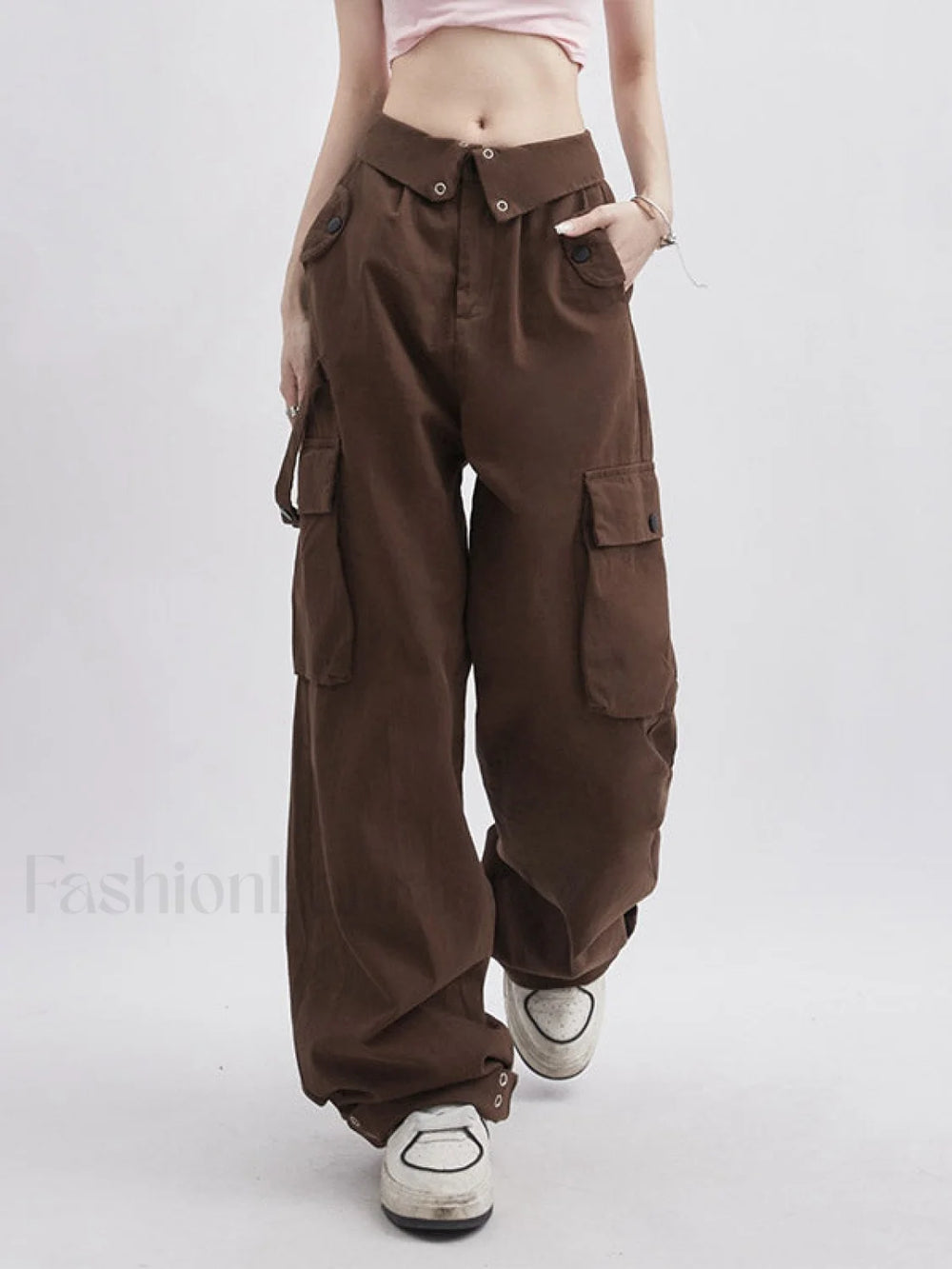 Buttoned High Waisted Cargo Pants Brown / S Cargo Pants