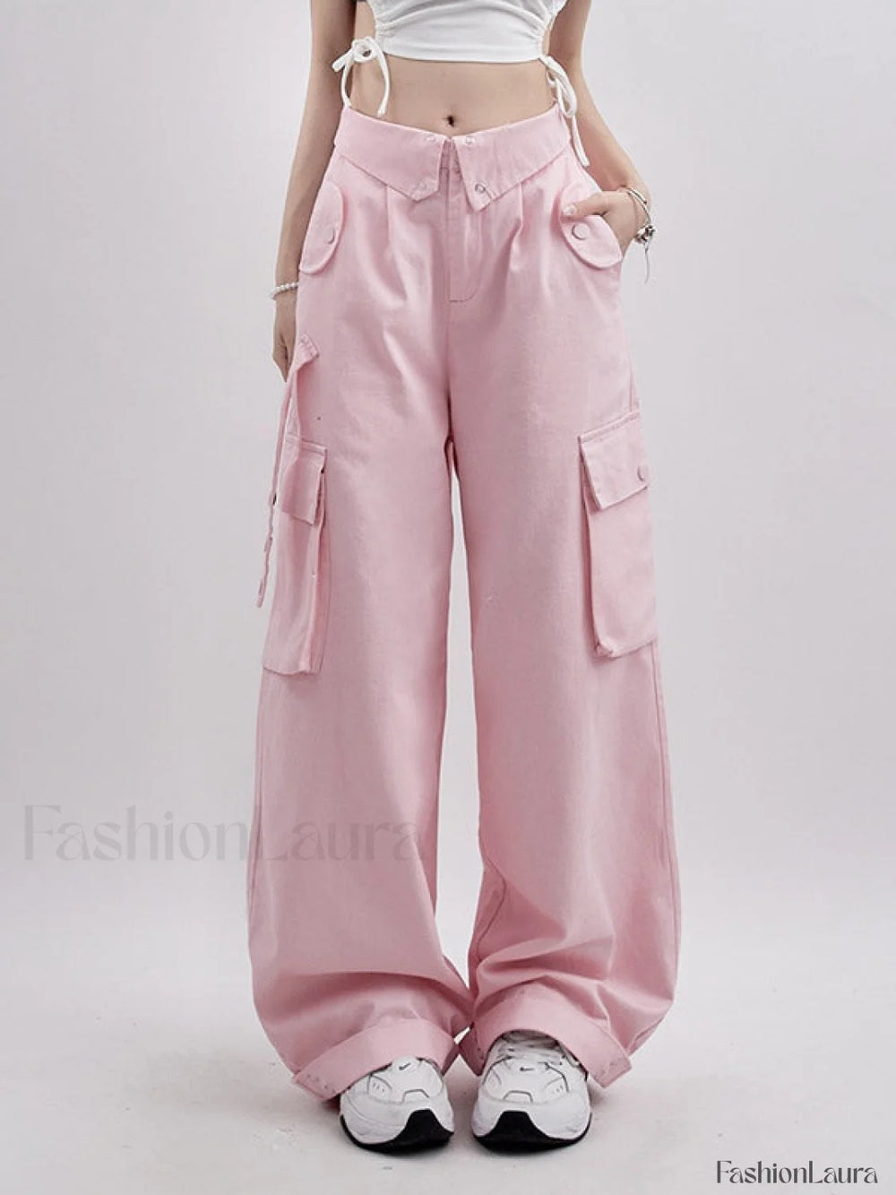 Buttoned High Waisted Cargo Pants Pink / S Cargo Pants