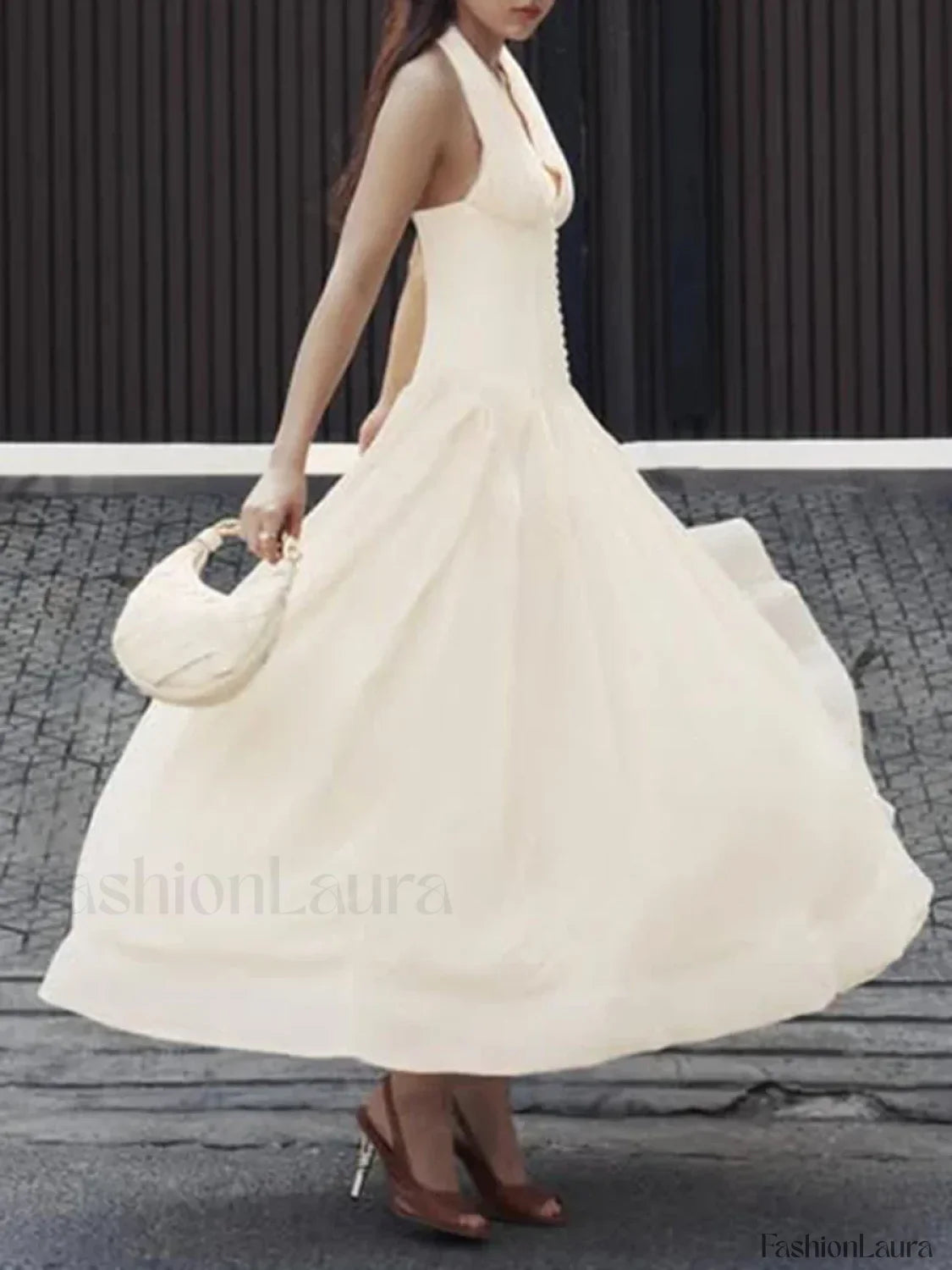Buttoned Patchwork V Neck Maxi Dress