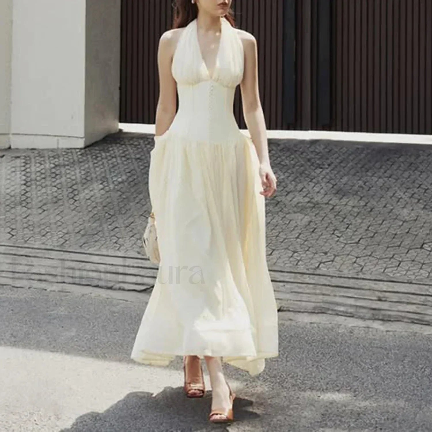 Buttoned Patchwork V Neck Maxi Dress APRICOT / S