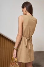 Buttoned Tie Sleeveless Round Neck Work Dress