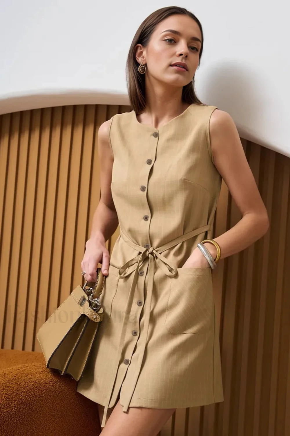 Buttoned Tie Sleeveless Round Neck Work Dress Khaki / S Main image