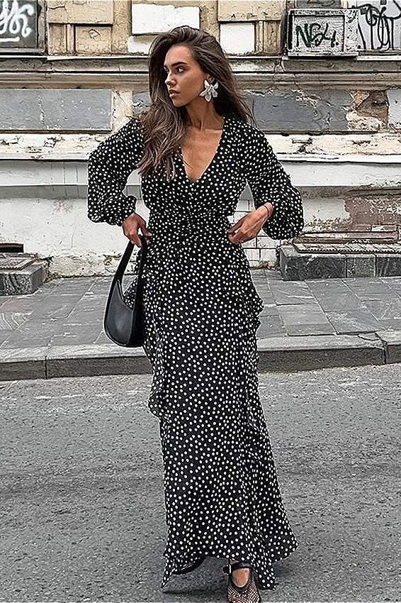Vintage V-Neck Polka Dot Puff Sleeve A-Line Maxi Dress Main image