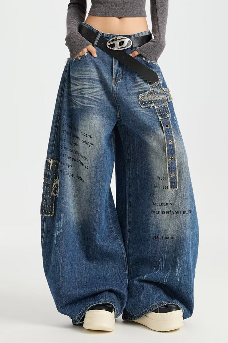 Rivet Patch Curved Leg Loose Retro Hip Hop Jeans Secondary image