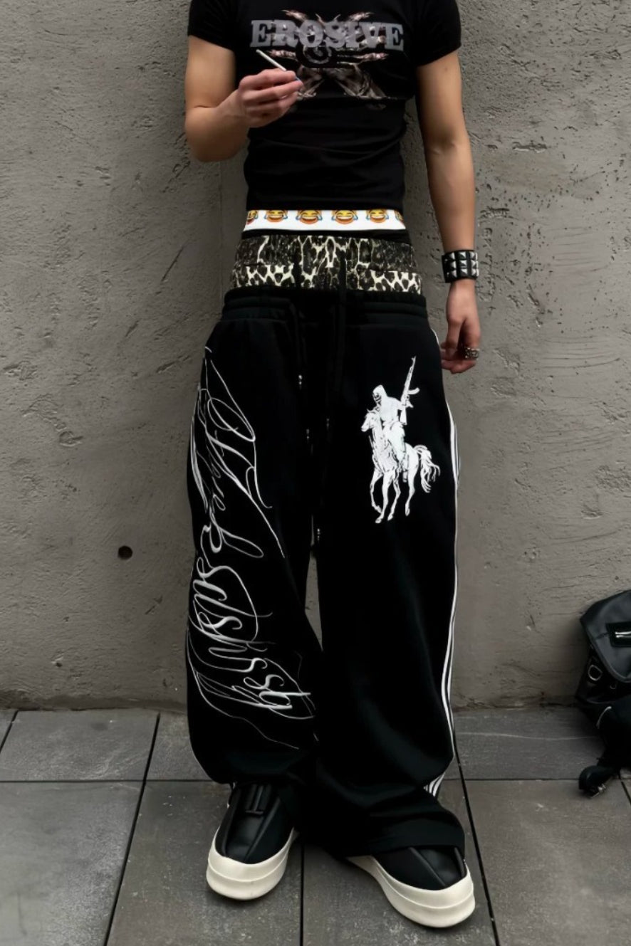 Leopard Double Waist Typography Wide Leg Sweatpants
