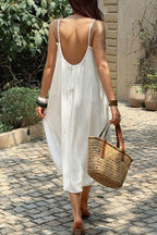 White Textured Ruched Resort Midi Dress