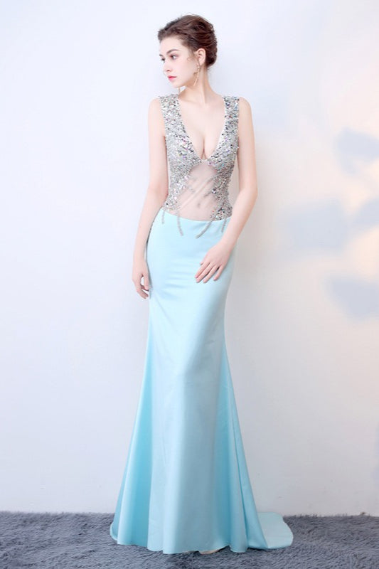 Sheer Blue Deep V Neck Maxi Party Dress XS / Blue Main image