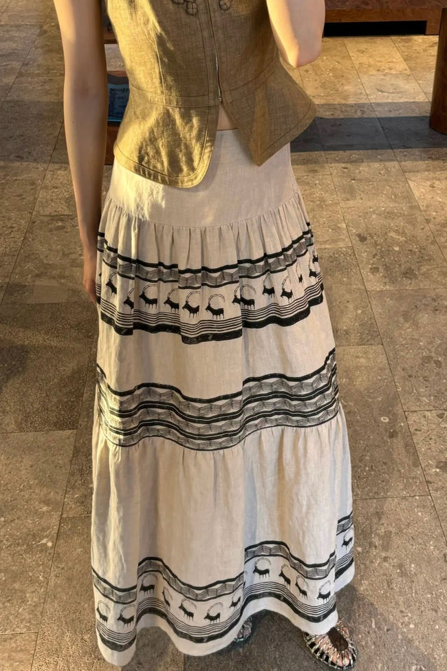 Printed Linen High Waist A Line Boho Skirt Main image