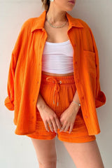 Textured Lapel Long Sleeve Top High Waist Shorts Set
