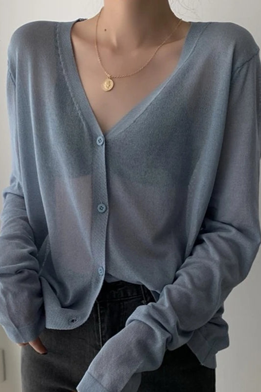 V Neck Lightweight Knit Cardigan Grey / One Size Main image