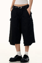 Pleated Wide Leg Cargo Bermuda Jeans